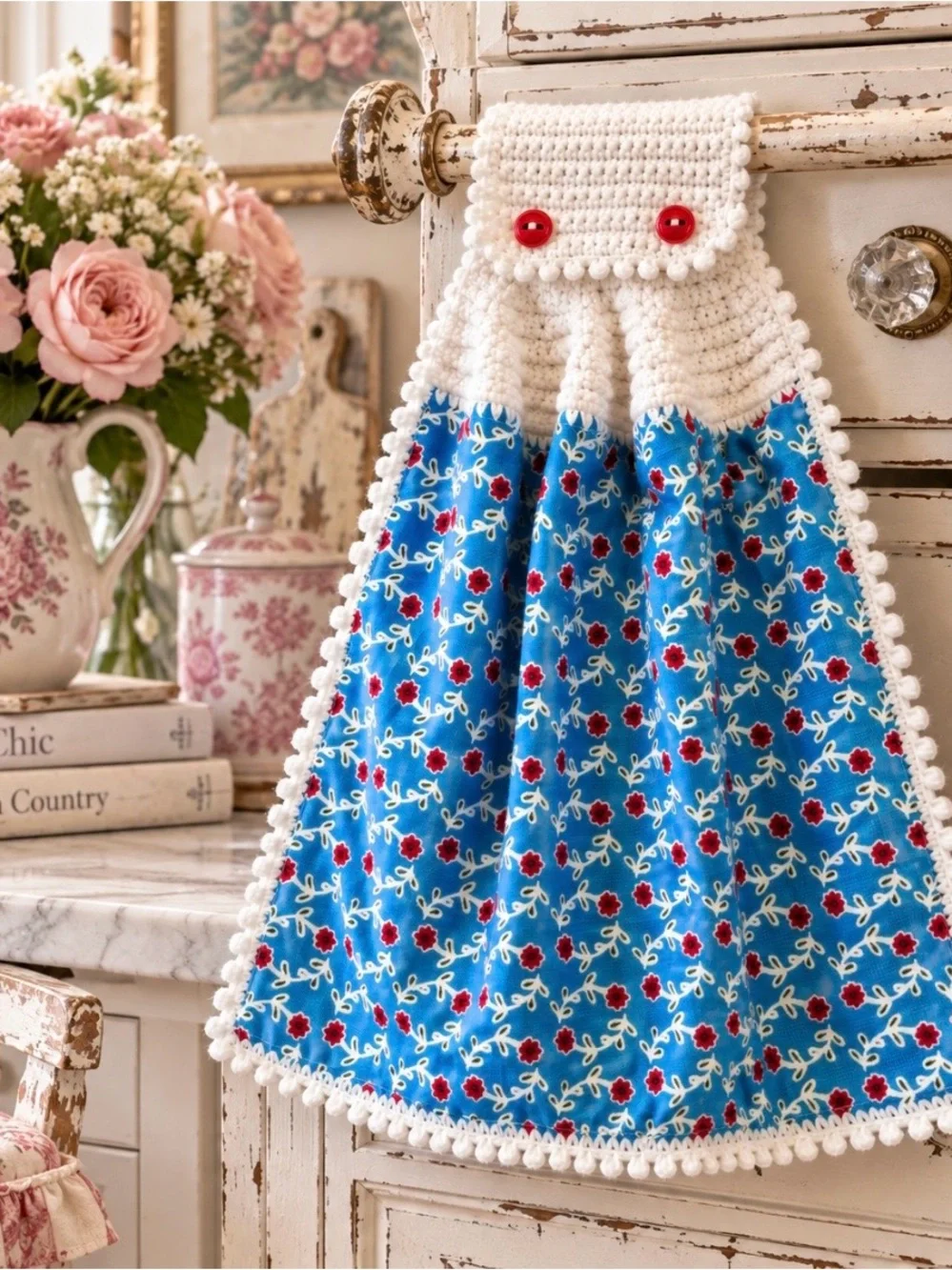 Pioneer Woman Turquoise Red Floral Crochet Hanging Kitchen Towel